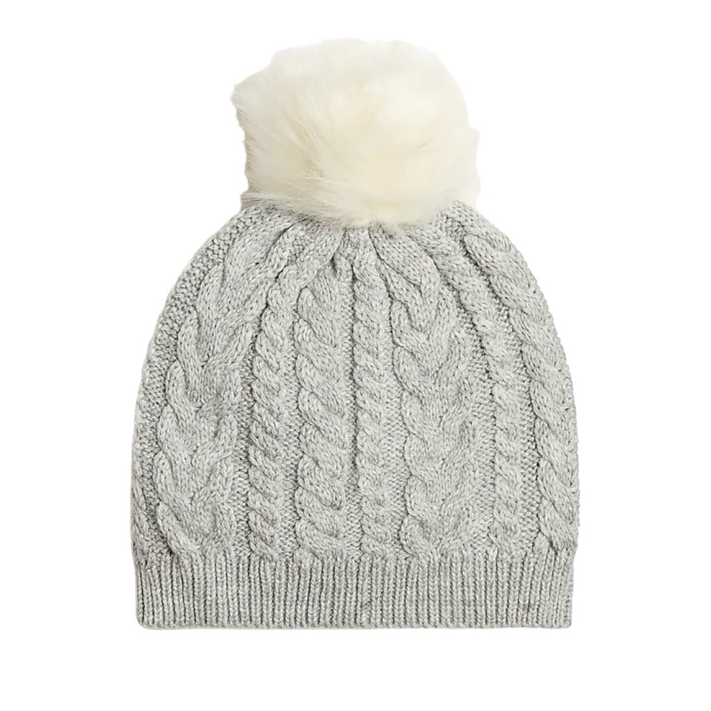 J. Crew Factory Cable Pom Pom Beanie Hat in heather dusk
